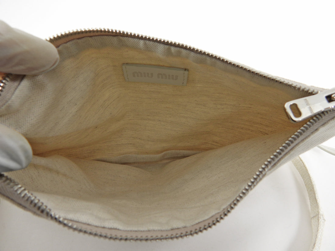 Miu Miu Beige White Woven Stripe Linen Logo Shoulder Tote Bag with Pouch