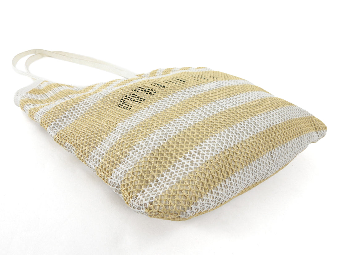 Miu Miu Beige White Woven Stripe Linen Logo Shoulder Tote Bag with Pouch