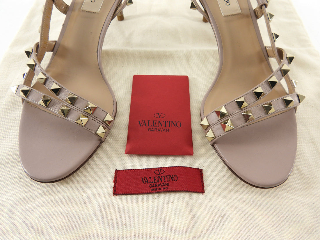 Valentino Taupe Nude Leather Rock Stud Kitten Heel Slingback Sandals - 36.5