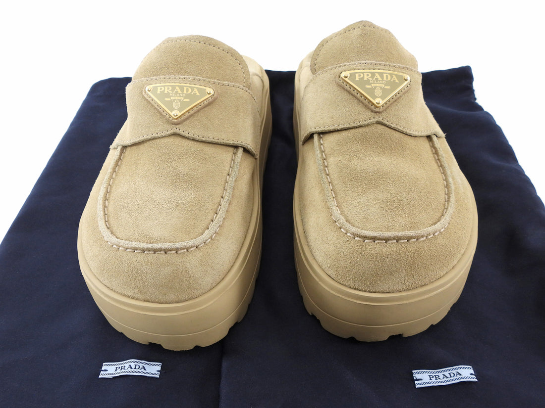 Prada Beige Suede Leather Fussbet Triangle Logo Platform Slip On Mules - 37