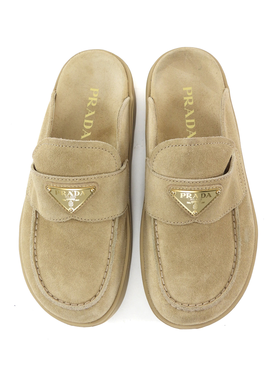Prada Beige Suede Leather Fussbet Triangle Logo Platform Slip On Mules - 37