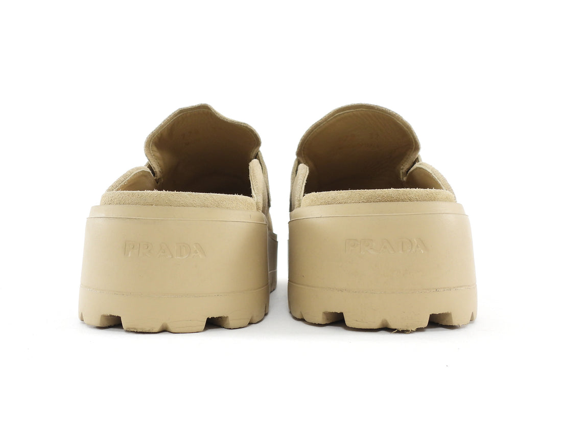 Prada Beige Suede Leather Fussbet Triangle Logo Platform Slip On Mules - 37