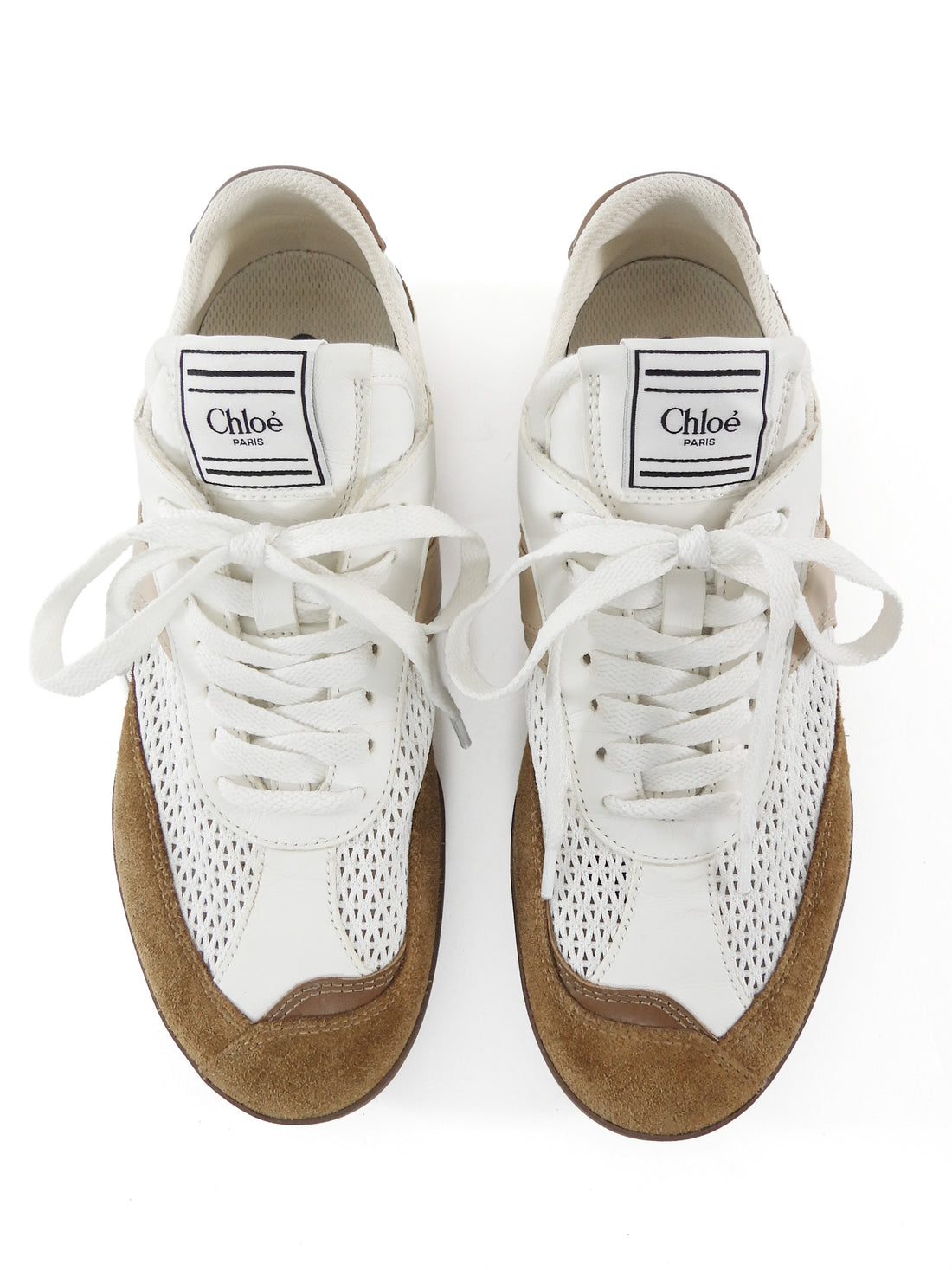 Chloe White Brown Mesh Suede Combo Low Top Kick Sneakers - 37