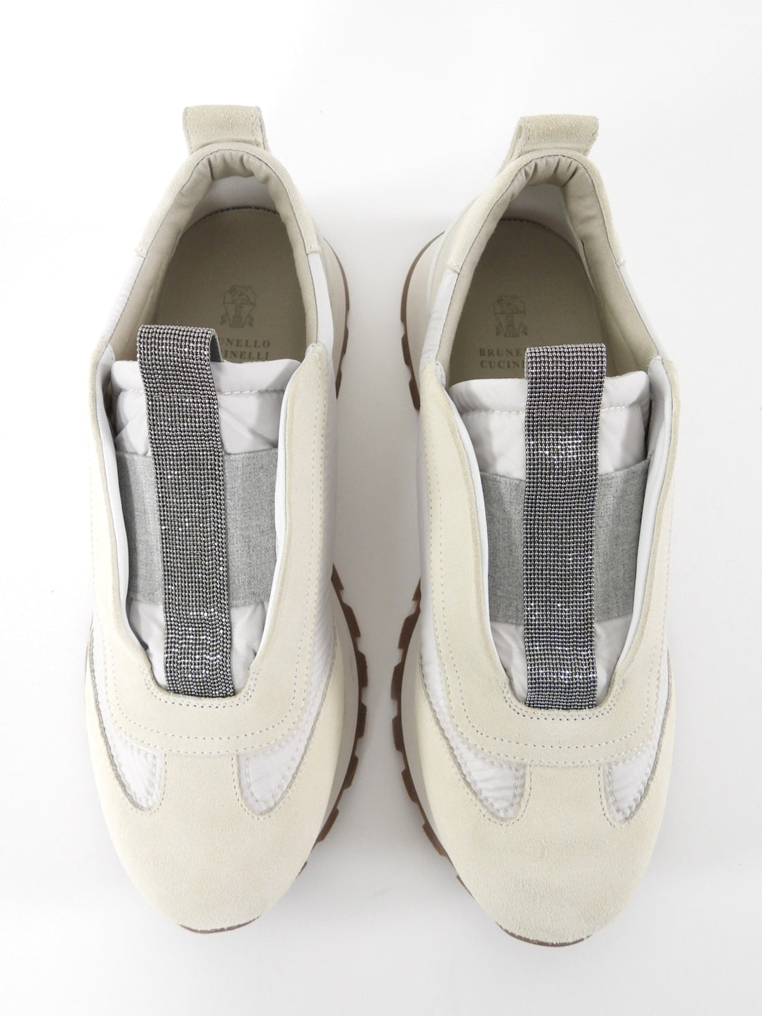 Brunello Cucinelli Ecru & White Nylon and Suede Slip on Sneakers with Monili Detail - 40