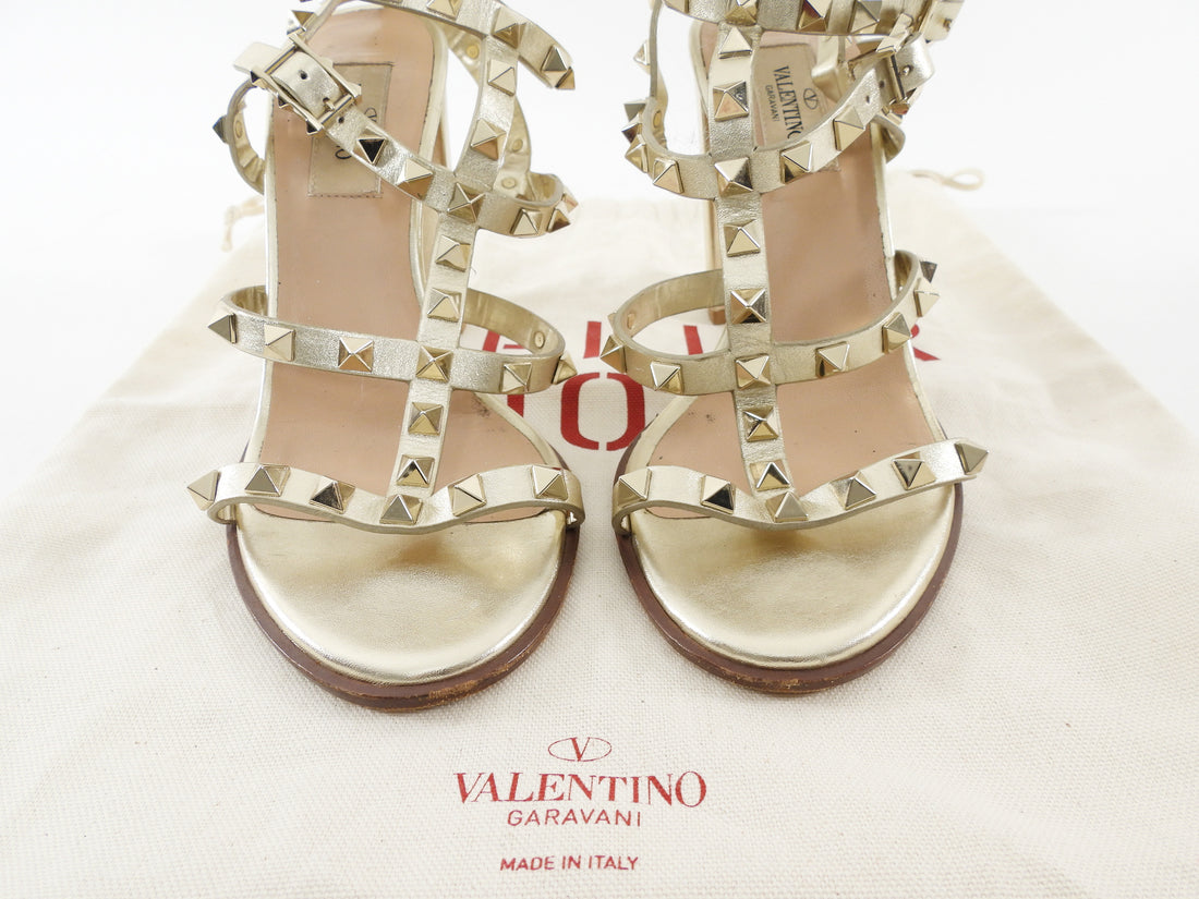 Valentino Gold Metallic Leather Rockstud Cage 90mm Block Heel Sandals - 37
