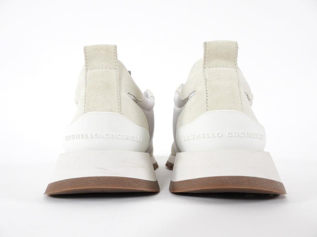 Brunello Cucinelli Ecru & White Nylon and Suede Slip on Sneakers with Monili Detail - 40
