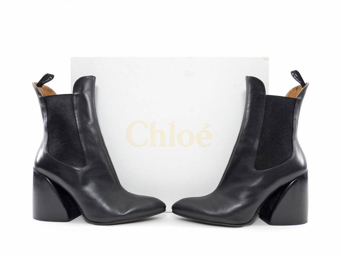 Chloe Black Leather Block Heel Wave Chelsea Boots - 37
