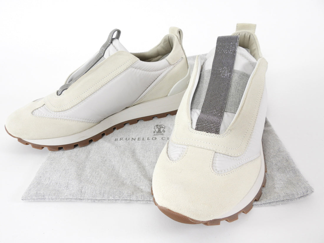 Brunello Cucinelli Ecru & White Nylon and Suede Slip on Sneakers with Monili Detail - 40