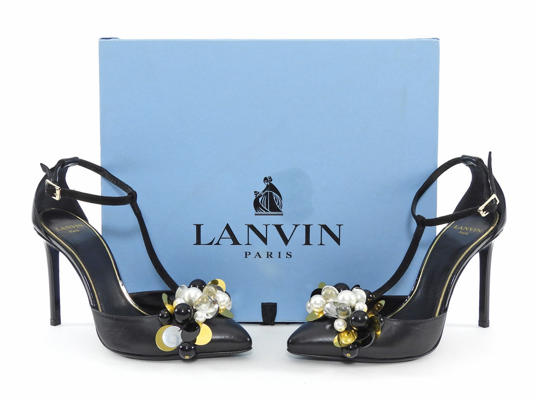 Lanvin Black Gold Leather Pearl Payette Beaded T-Strap Heels - 37