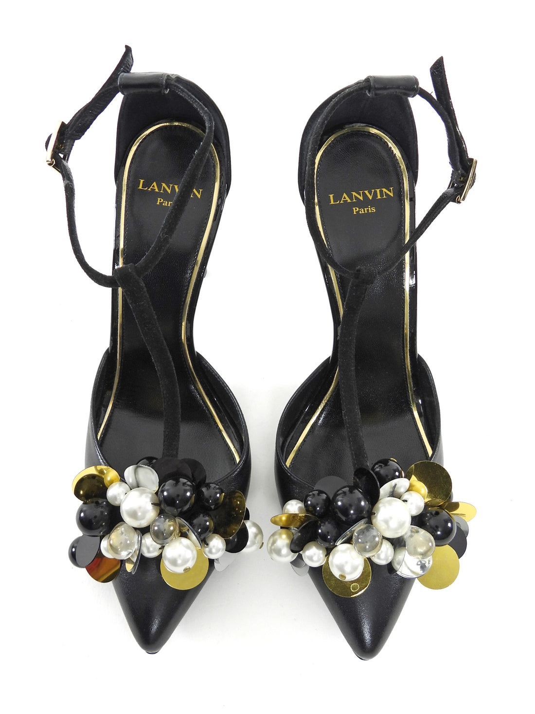 Lanvin Black Gold Leather Pearl Payette Beaded T-Strap Heels - 37