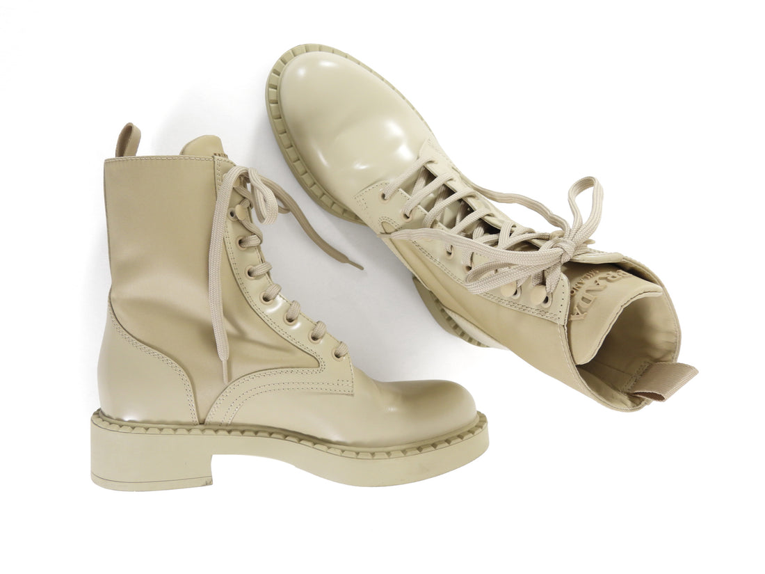 Prada Brushed Leather and Re-Nylon Ankle Boot Desert Beige - 39