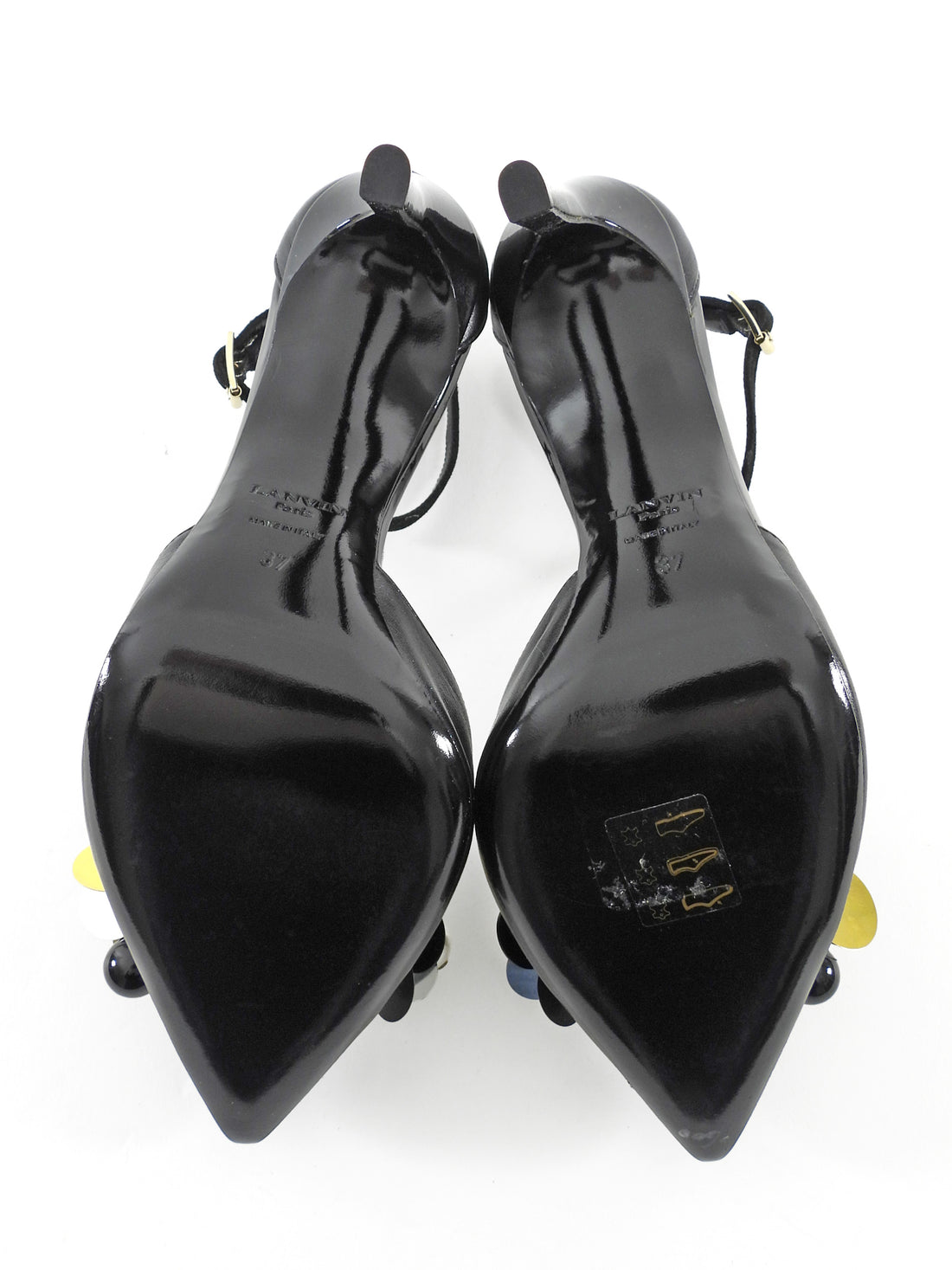 Lanvin Black Gold Leather Pearl Payette Beaded T-Strap Heels - 37
