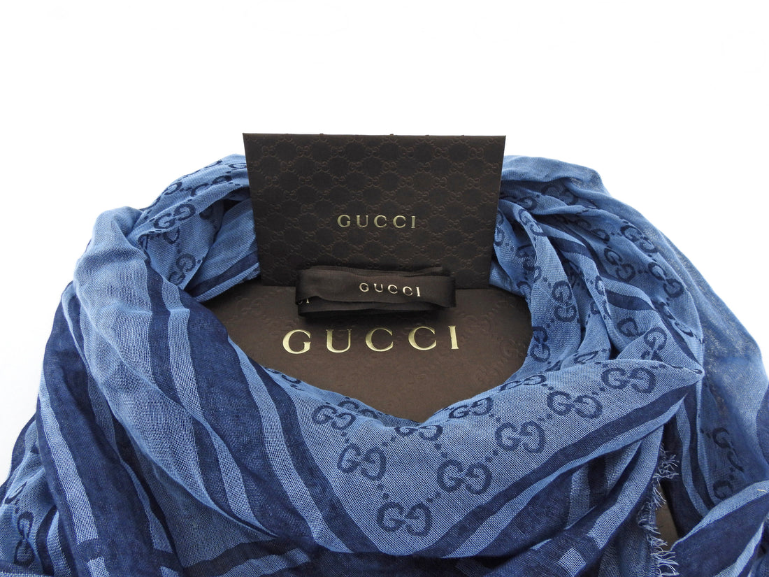 Gucci Blue GG Monogram Striped Modal Cotton Blend Triangle Shawl