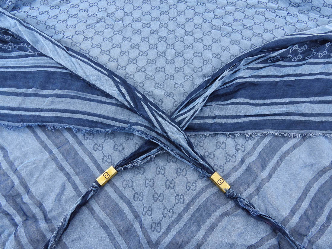 Gucci Blue GG Monogram Striped Modal Cotton Blend Triangle Shawl