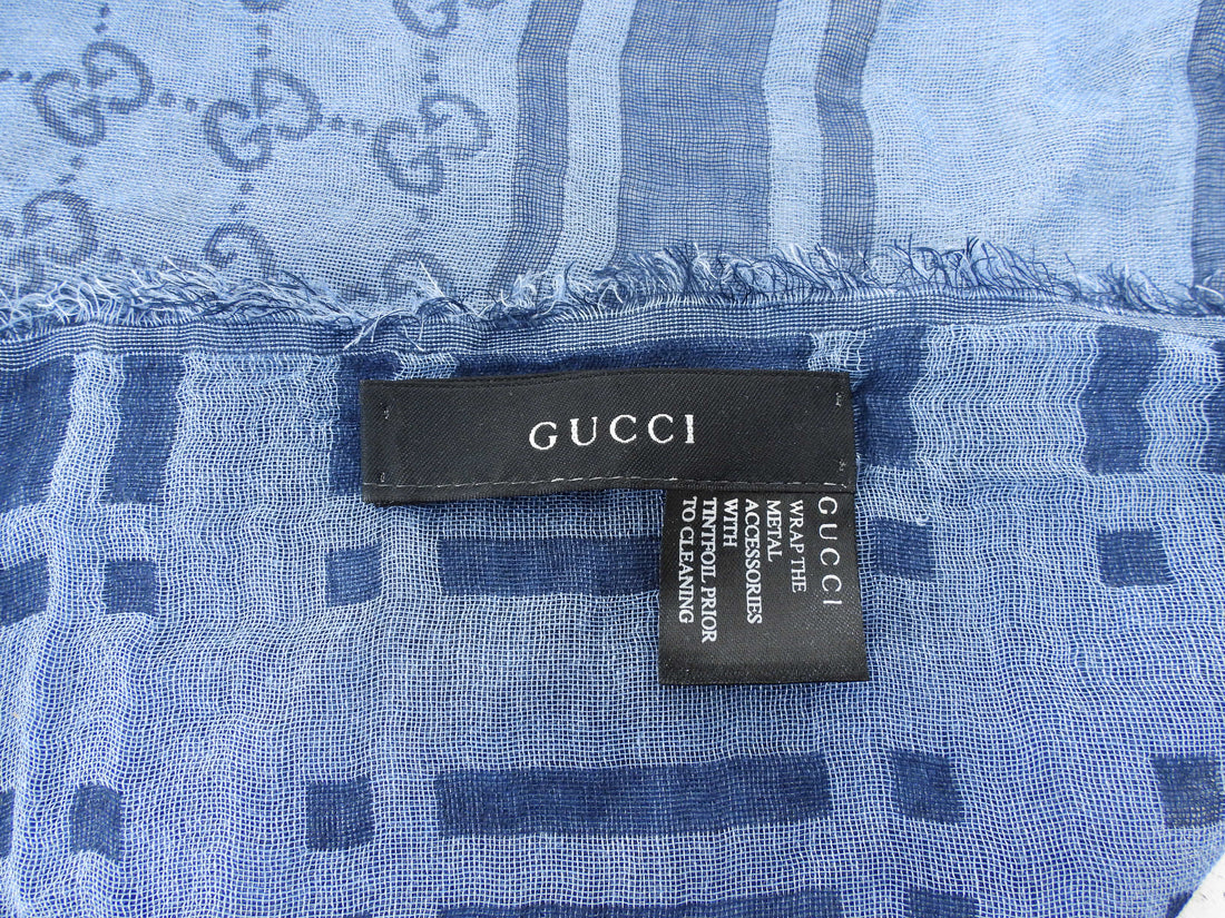 Gucci Blue GG Monogram Striped Modal Cotton Blend Triangle Shawl