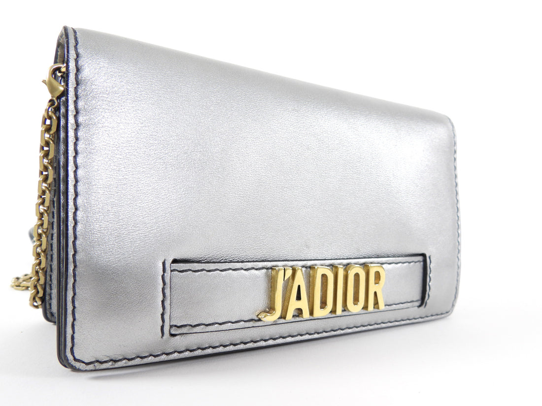 Christian Dior Metallic Silver Calfskin J'ADIOR Leather Wallet on Chain