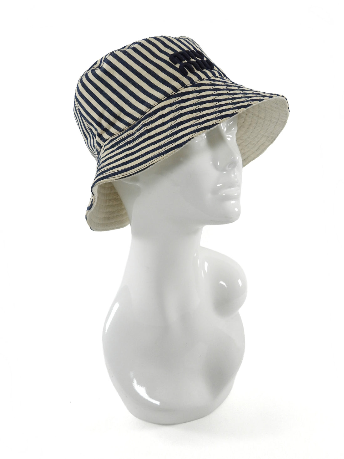 Miu Miu Navy Beige Stripe Canvas Reversible Logo Bucket Hat - M