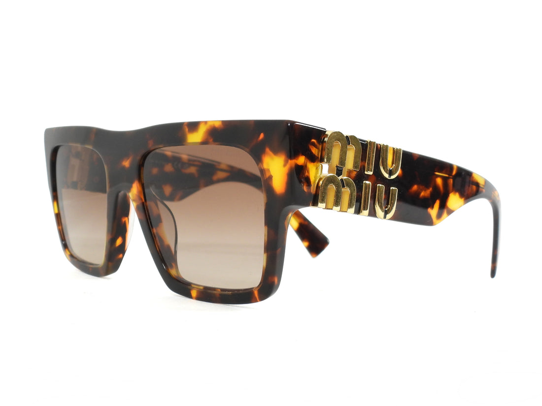Miu Miu Brown Honey Havana Acetate Square Goldtone Logo Temple Sunglasses 10WS