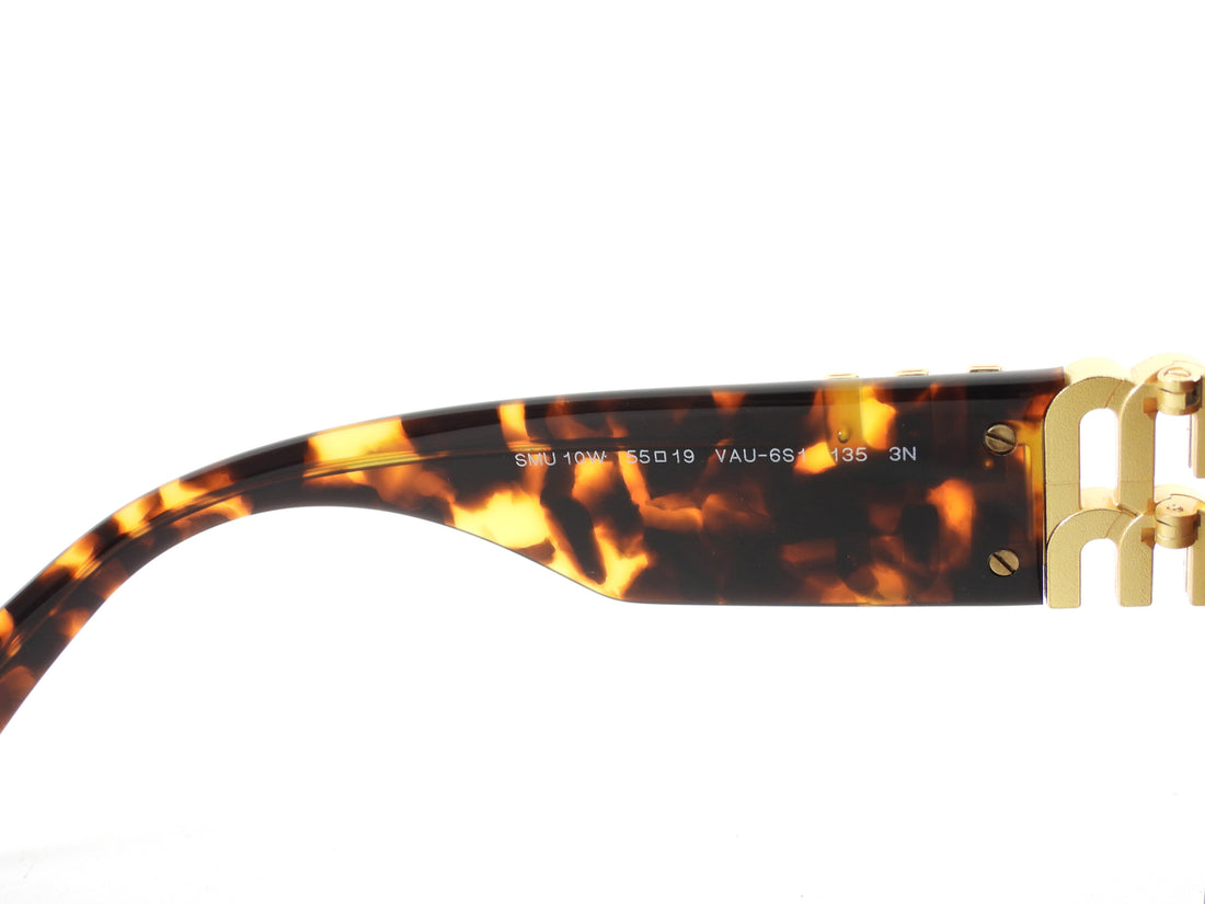 Miu Miu Brown Honey Havana Acetate Square Goldtone Logo Temple Sunglasses 10WS
