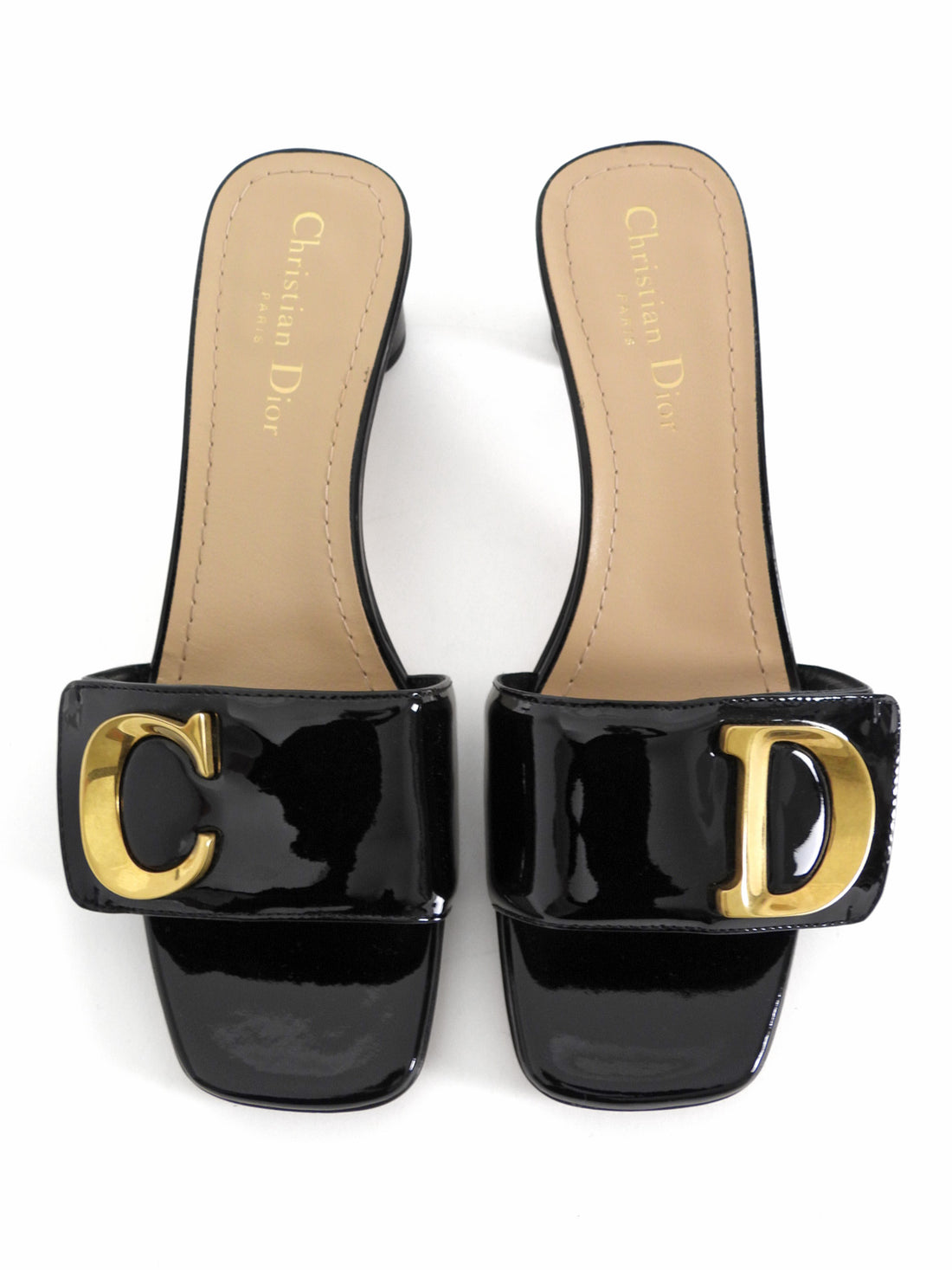 Dior C'est Dior Heeled Patent Leather Slides Black With Gold Hardware - 39