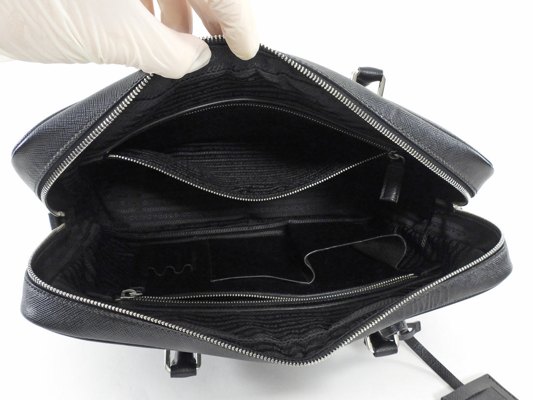 Prada Black Saffiano Leather Triangle Logo Briefcase
