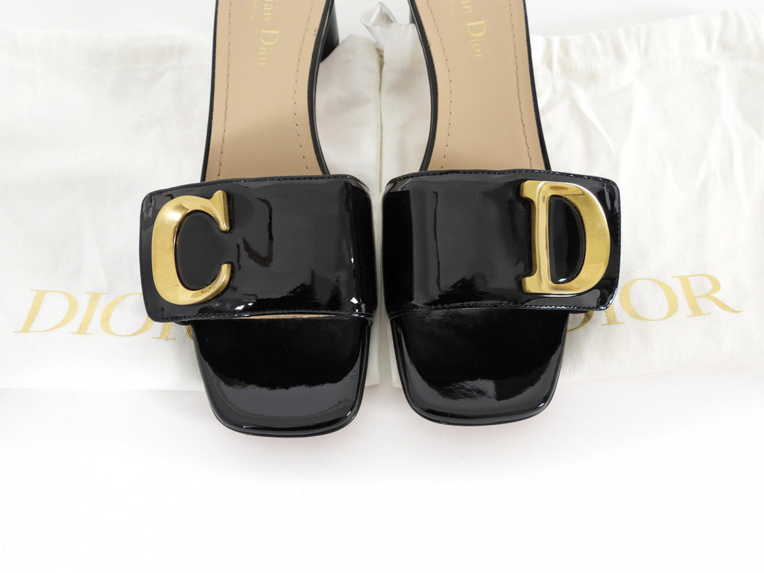 Dior C'est Dior Heeled Patent Leather Slides Black With Gold Hardware - 39