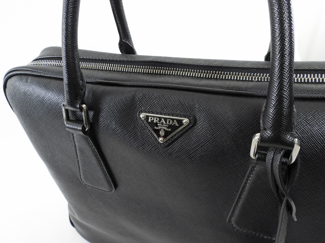 Prada Black Saffiano Leather Triangle Logo Briefcase