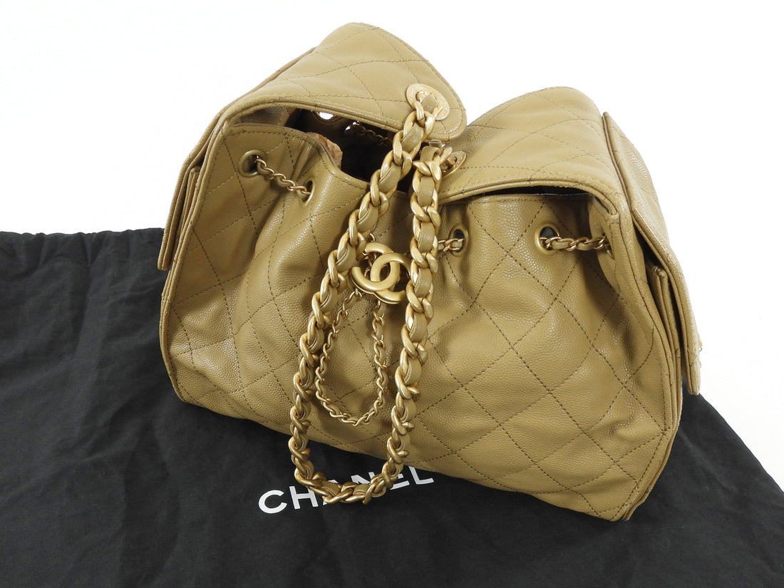 Chanel Beige 25 Matte Gold Drawstring Quilted Caviar Leather Chain Hobo Bag
