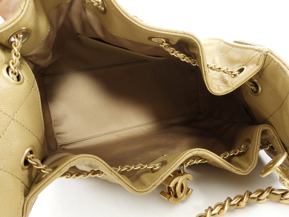 Chanel Beige 25 Matte Gold Drawstring Quilted Caviar Leather Chain Hobo Bag