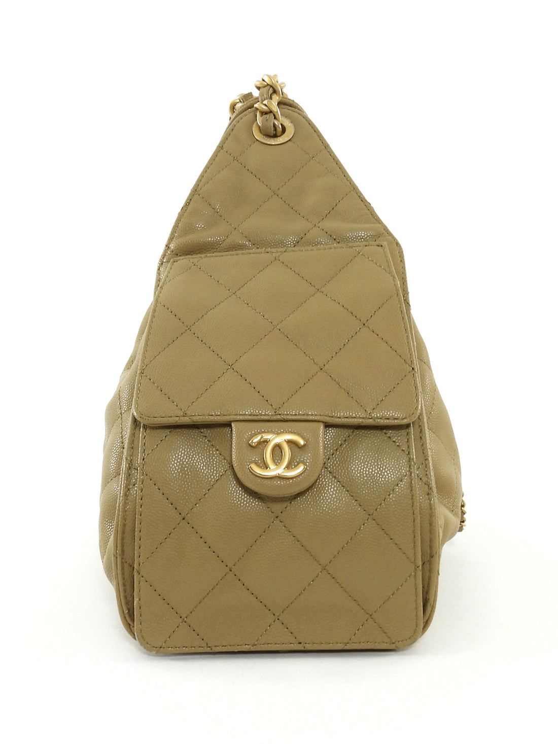 Chanel Beige 25 Matte Gold Drawstring Quilted Caviar Leather Chain Hobo Bag