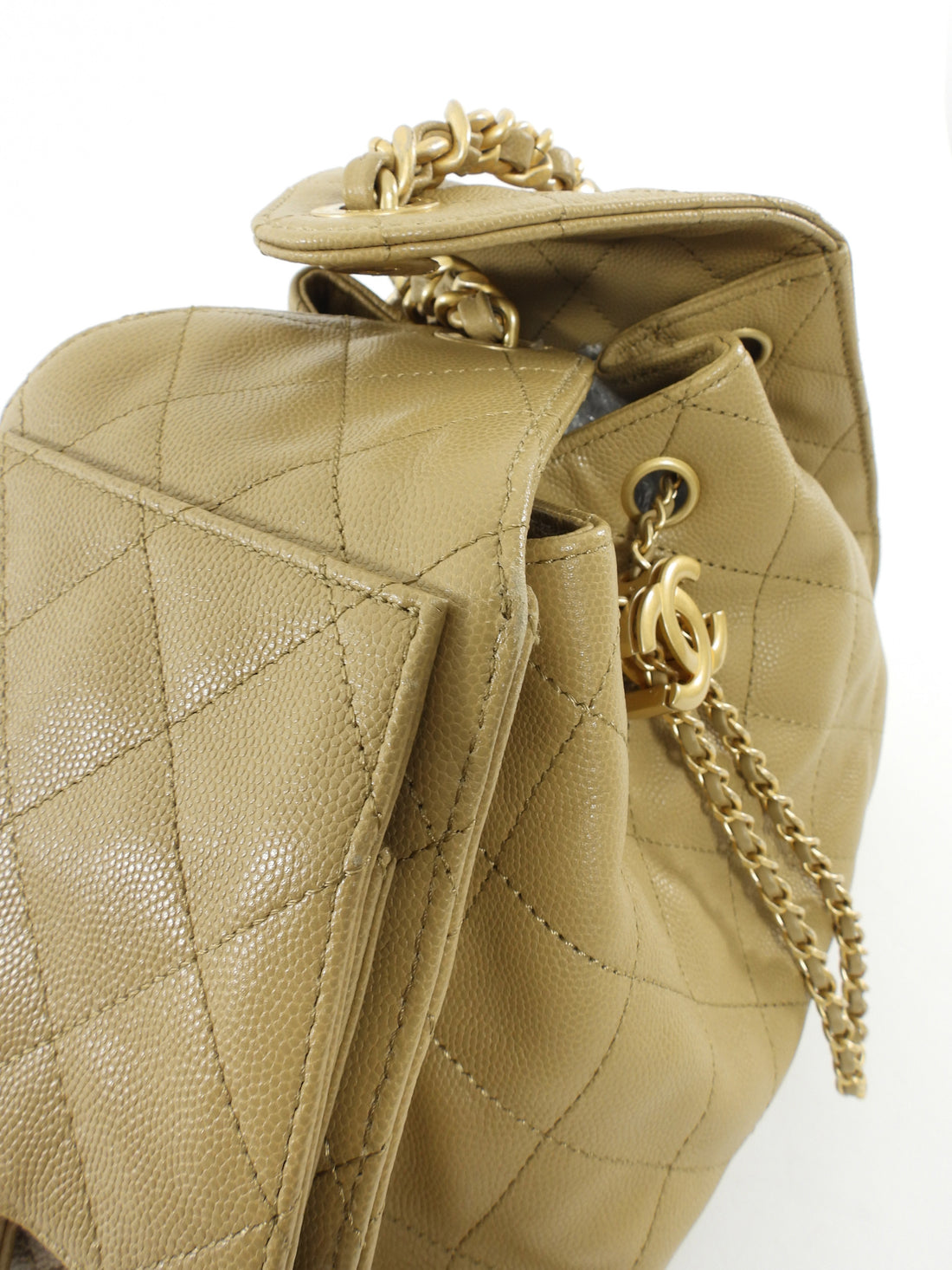 Chanel Beige 25 Matte Gold Drawstring Quilted Caviar Leather Chain Hobo Bag