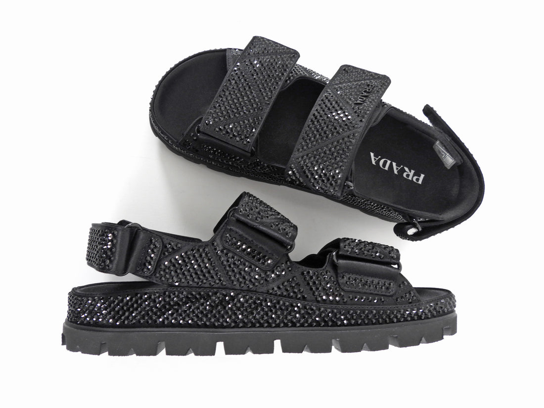 Prada Re-Nylon Crystal Strass Dad Sandals Black - 38.5