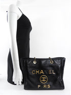 Chanel Black Leather Small Charms Deauville Tote Bag
