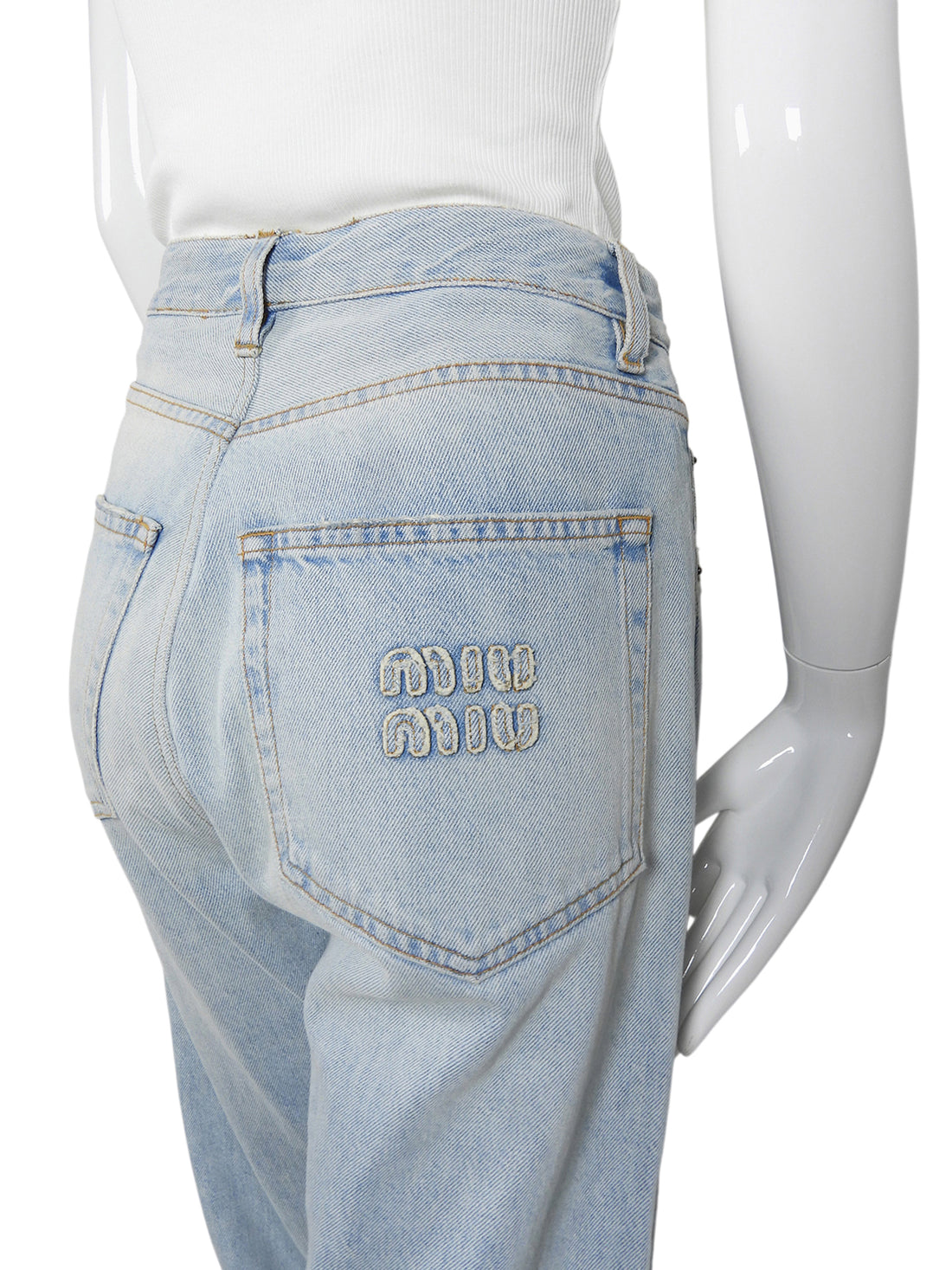Miu Miu Button Fly Light Wash Logo Denim Jeans - 25