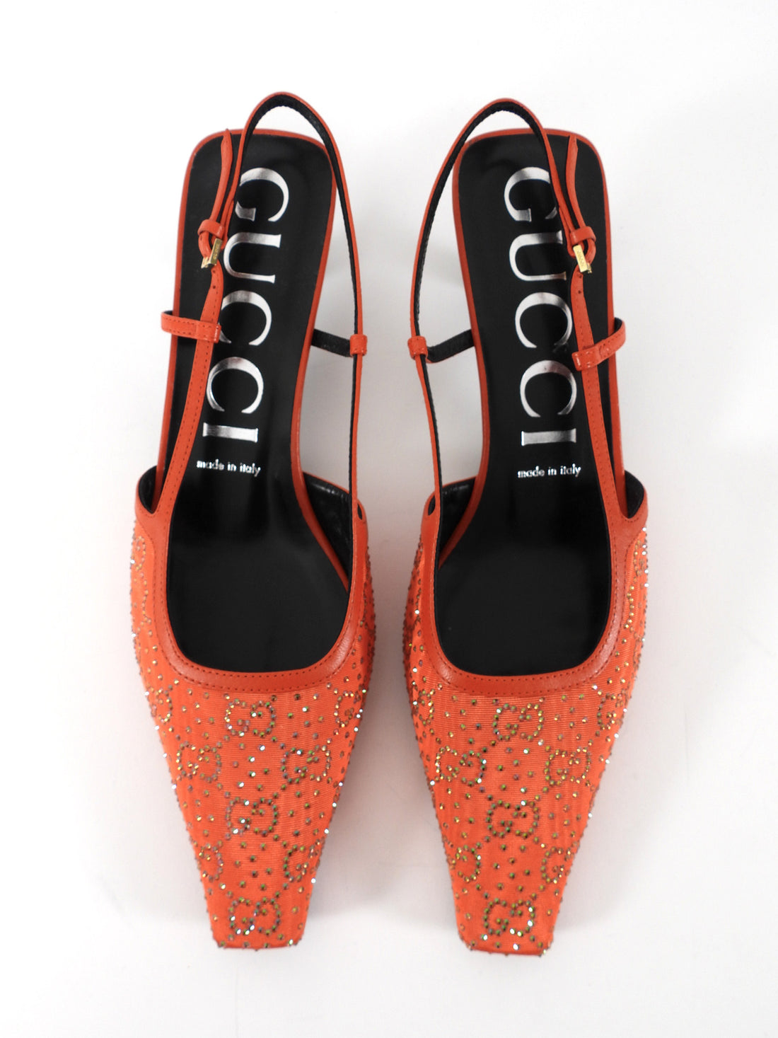 Gucci Crystal Studded Sling Back Kitten Heels Orange - 40