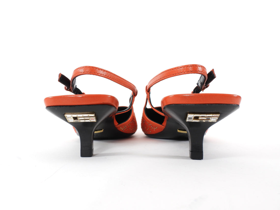 Gucci Crystal Studded Sling Back Kitten Heels Orange - 40