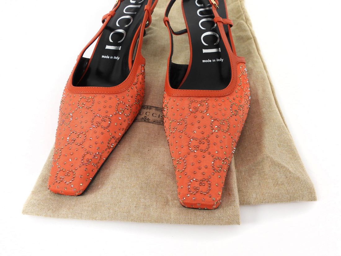 Gucci Crystal Studded Sling Back Kitten Heels Orange - 40