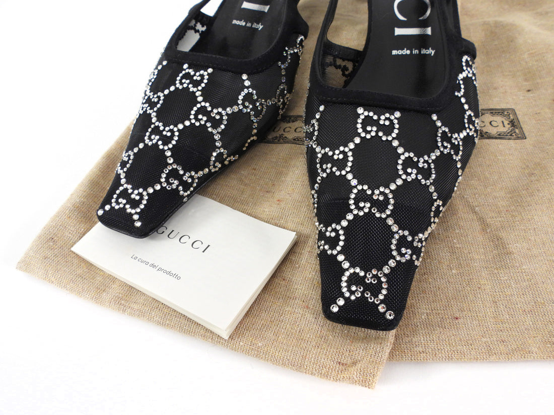 Gucci Mesh Crystal Studded Sling Back Kitten Heels Black - 39.5