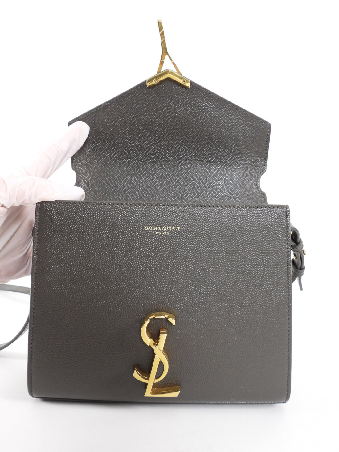 Saint Laurent Mini Cassandra Slate Grey Leather Top Handle Bag