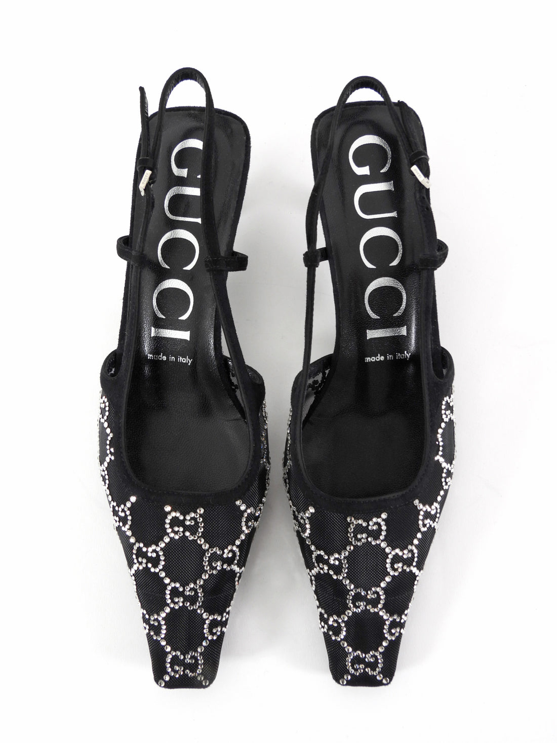 Gucci Mesh Crystal Studded Sling Back Kitten Heels Black - 39.5