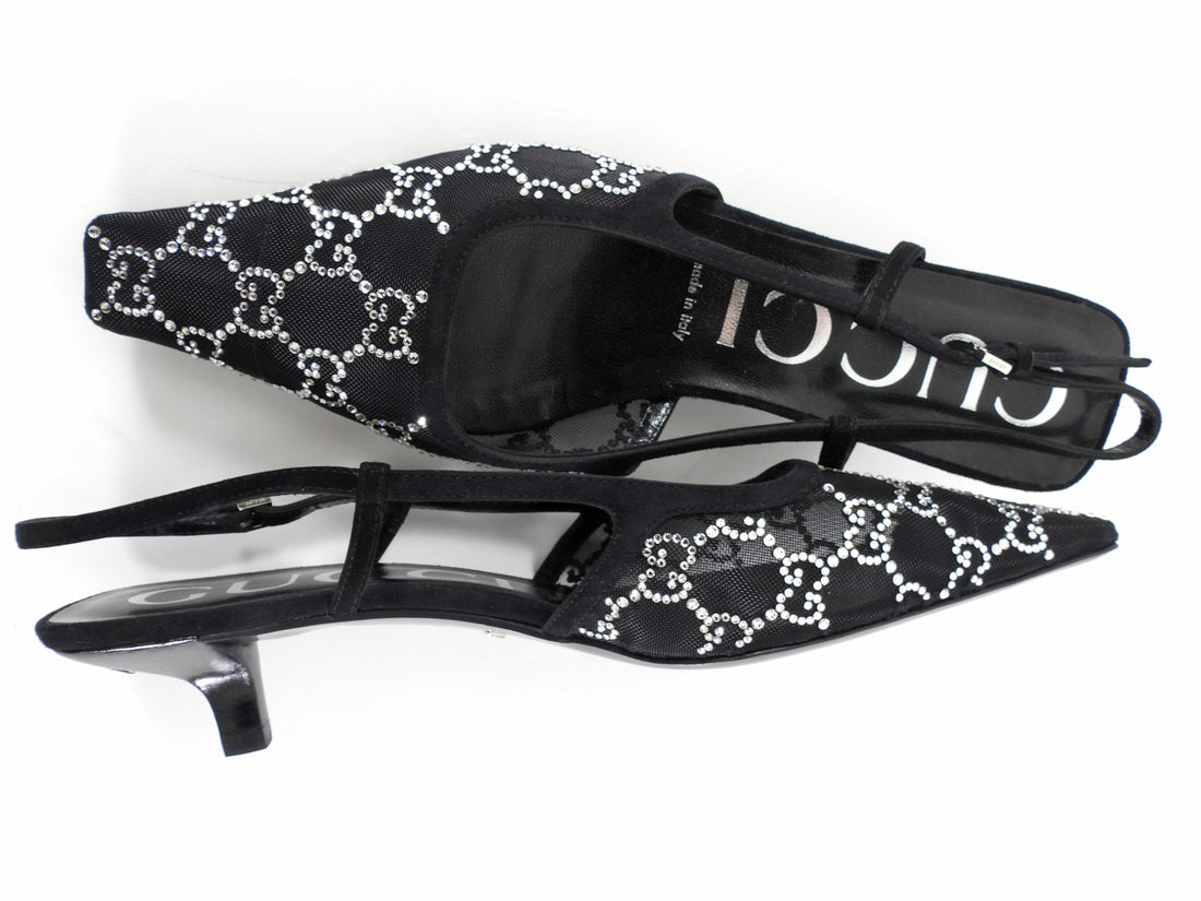 Gucci Mesh Crystal Studded Sling Back Kitten Heels Black - 39.5