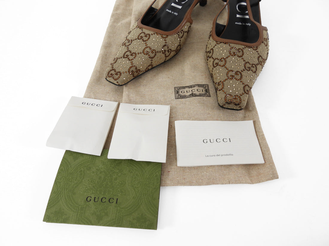 Gucci Woven Crystal Studded Sling Back Kitten Heels Brown - 39.5
