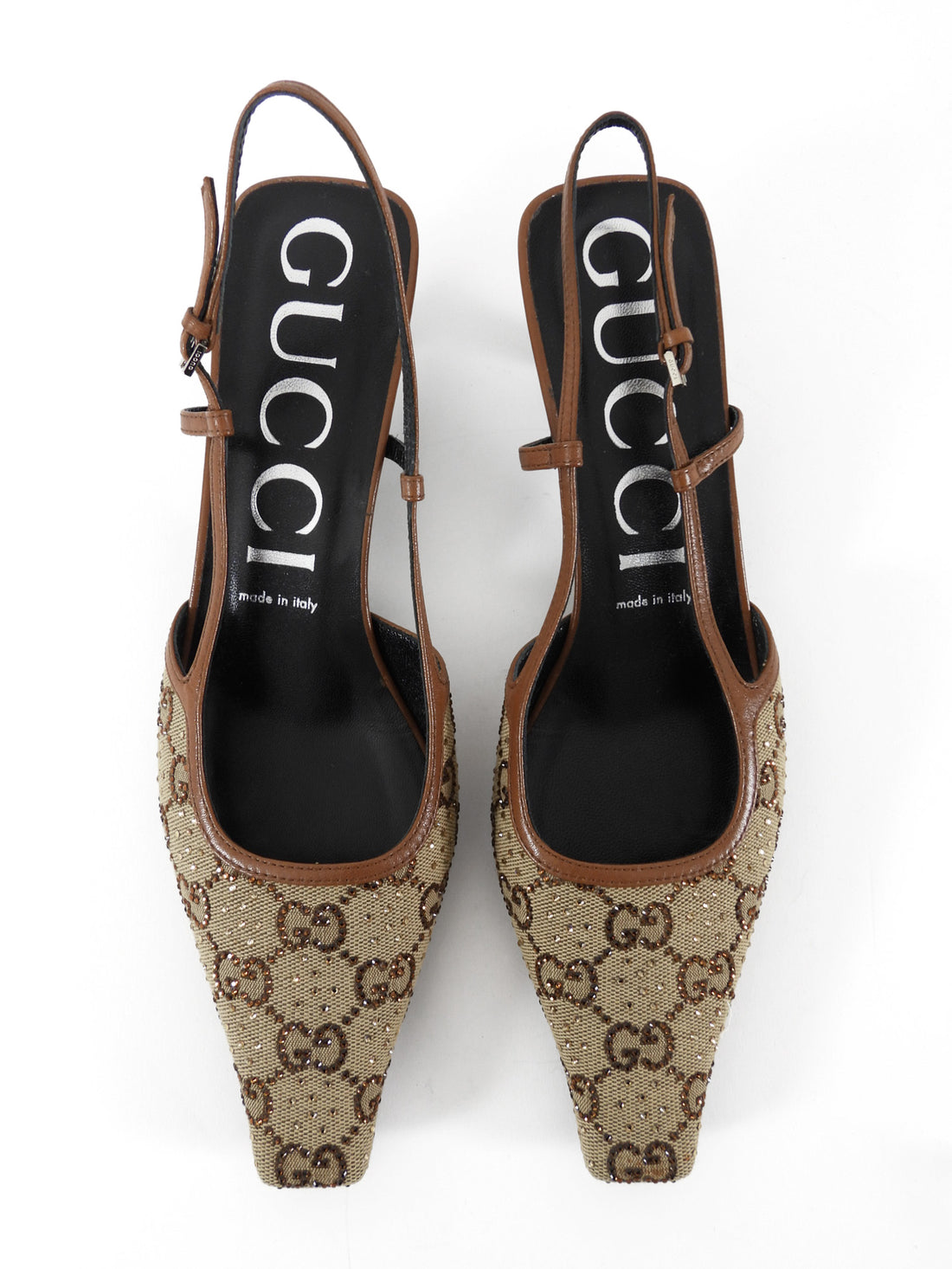 Gucci Woven Crystal Studded Sling Back Kitten Heels Brown - 39.5