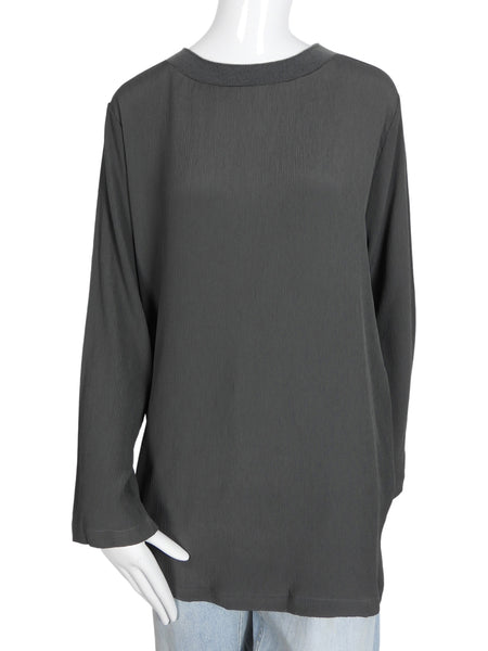 Fabiana Filippi Grey Monili Trim Neck Silk Long Sleeve Tee - L