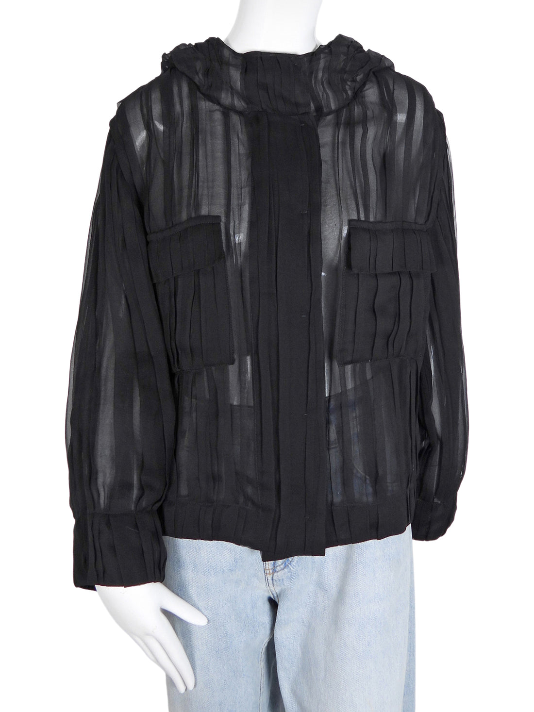 Alberta Ferretti Black Sheer Silk Pleat Hood Jacket - M