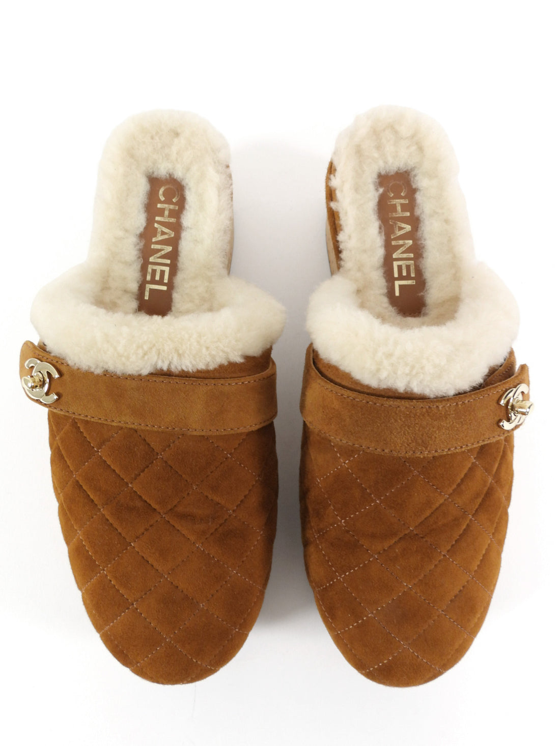 Chanel 21A Brown Shearling CC Turn Clasp Quilt Cork Mules - 37