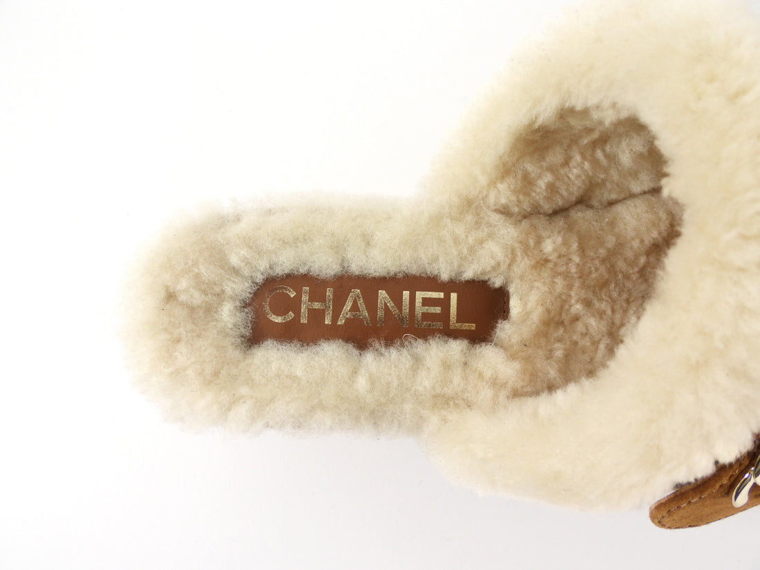 Chanel 21A Brown Shearling CC Turn Clasp Quilt Cork Mules - 37
