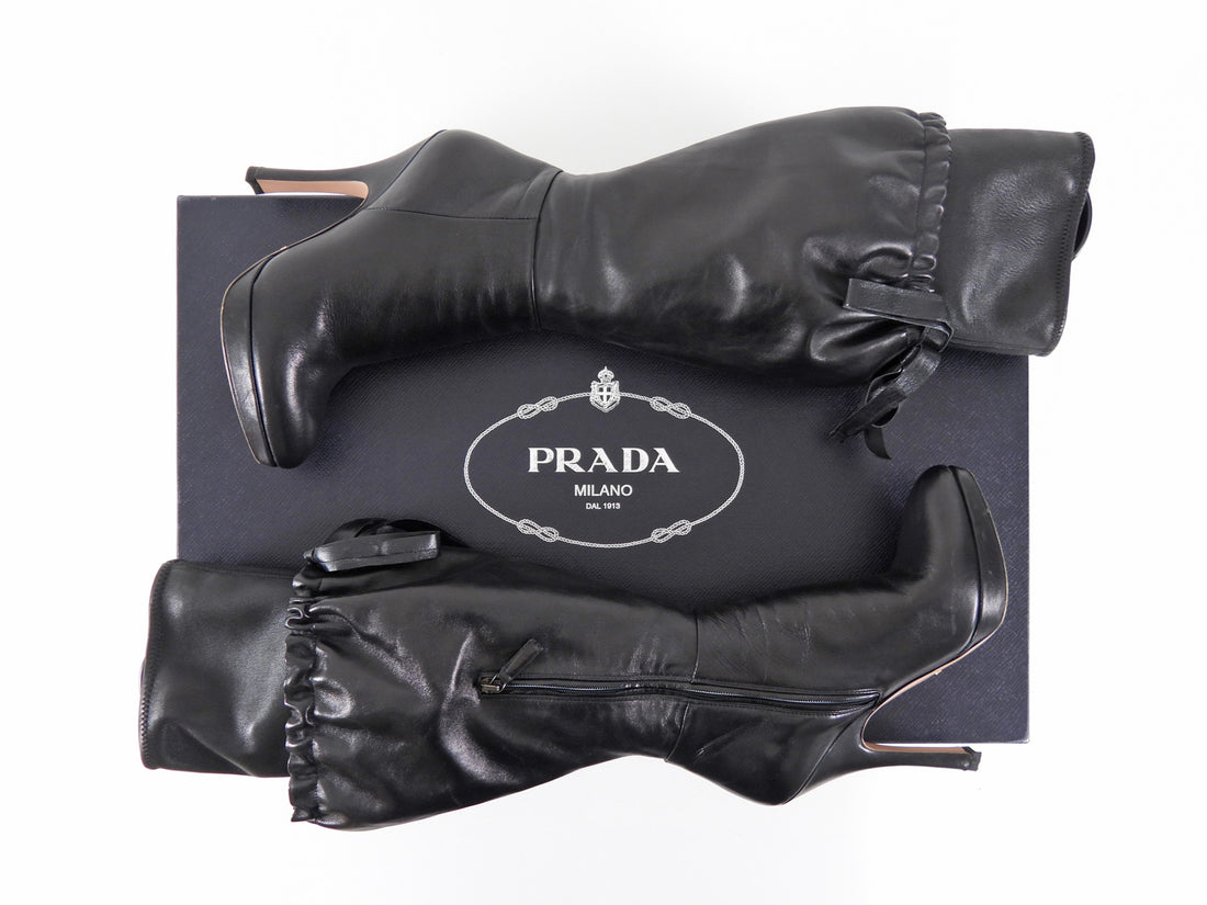 Prada Black Nappa Leather Drawstring Tall Heeled Boots - 36.5