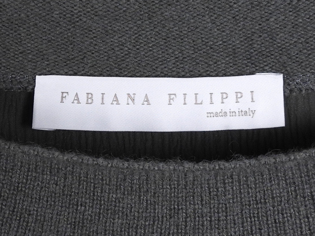 Fabiana Filippi Grey Monili Trim Neck Silk Long Sleeve Tee - L