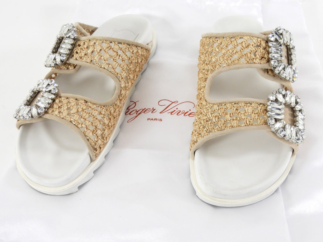 Roger Vivier Slidy Viv Raffia Strass Sandals Neutral Biege - 36